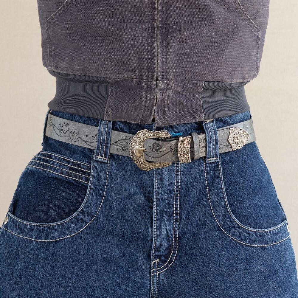 Y2k western grey floral cowboy belt